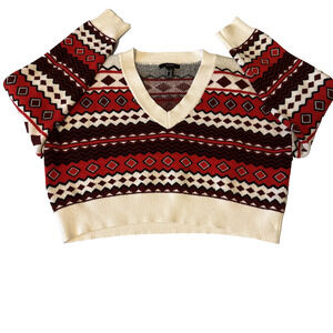 Forever 21 Fair Isle Red Cropped V Neck Knit Sweater Womens M Aztec Boho Holiday